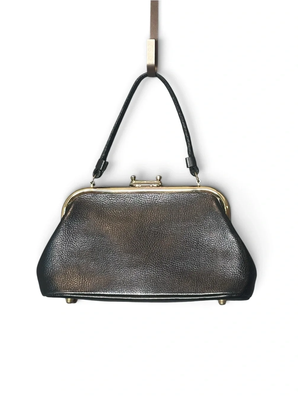 Vintage Letisse Black Leather Frame Handbag Kiss Lock Top Handle Purse Gold Tone